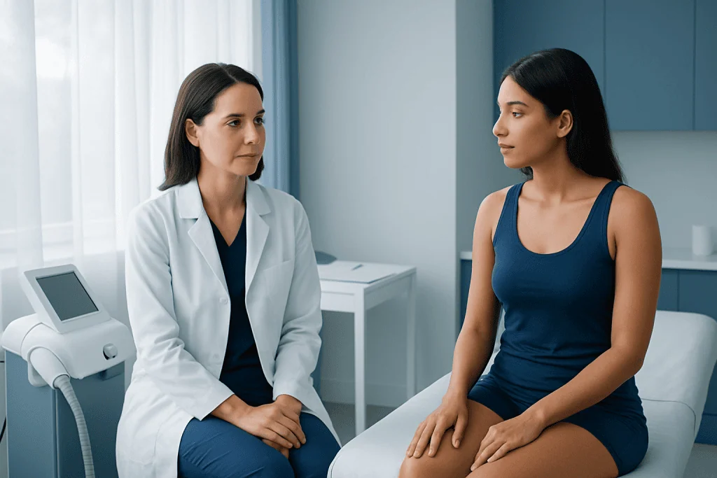 Doctor consulting patient in a medical clinic setting.