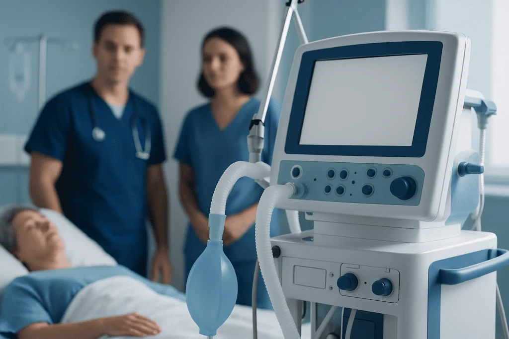 Medical ventilator in hospital room with healthcare professionals.