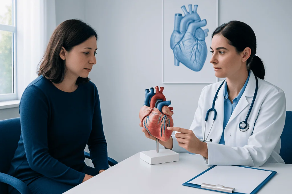 Doctor explaining tricuspid valve to patient with heart model.