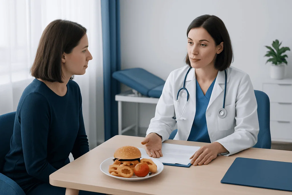 Doctor discussing dietary advice with patient for GERD management.