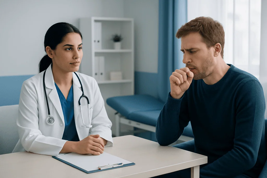 Doctor consulting with a patient about cough symptoms in a clinic setting.