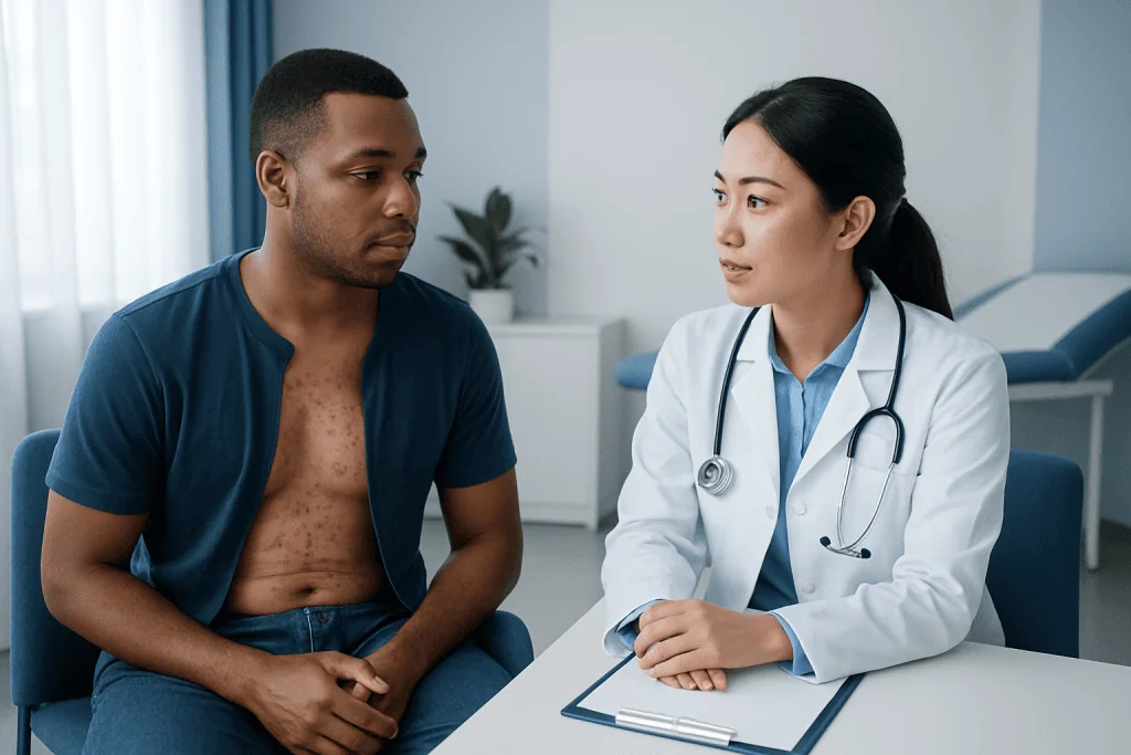 Doctor consulting with male patient about STI symptoms in clinic.