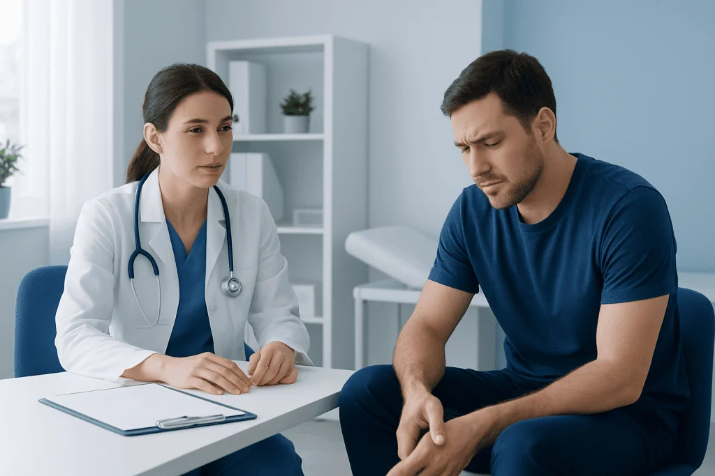 Doctor consulting with a patient about ankle pain in a clinical setting.
