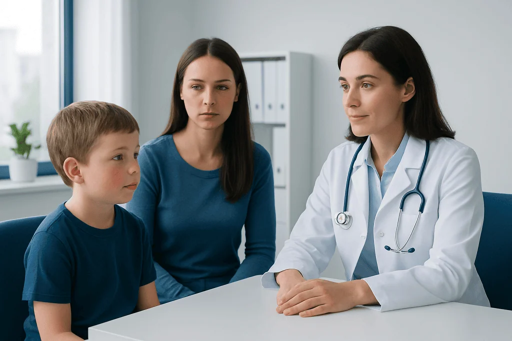 Doctor consulting with a young boy and his mother in a medical office.