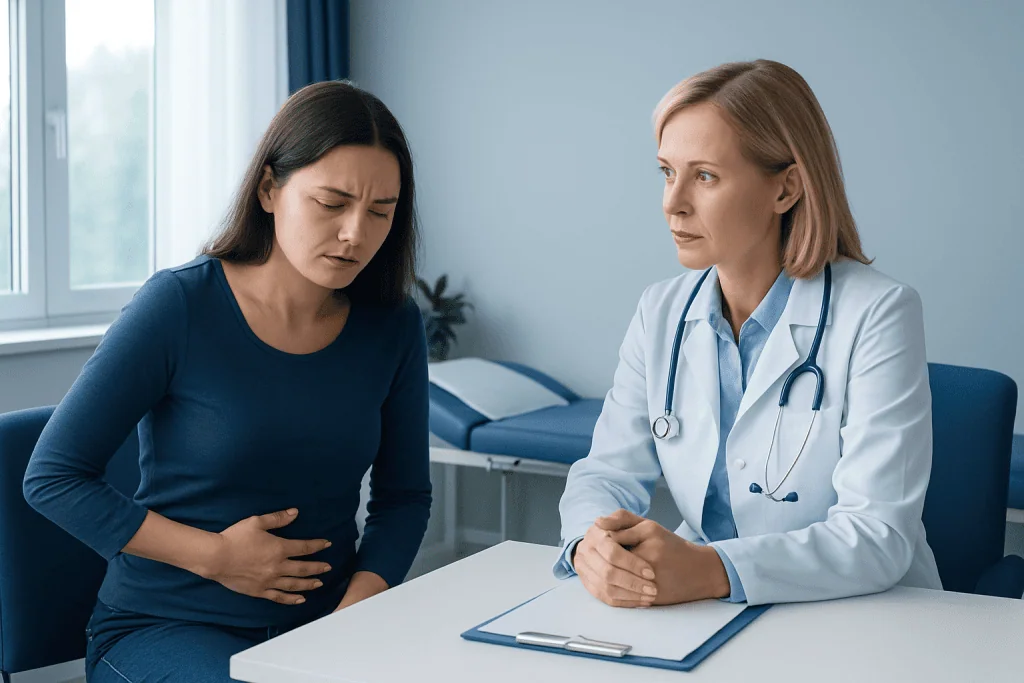 Patient experiencing abdominal pain during medical consultation at Acibadem Hospital.