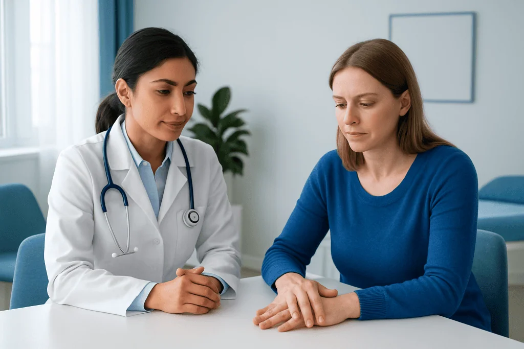Doctor consulting with patient about swollen hands in a clinical setting.