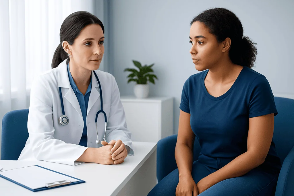 Doctor consulting a patient about gynecological health in a clinical setting.