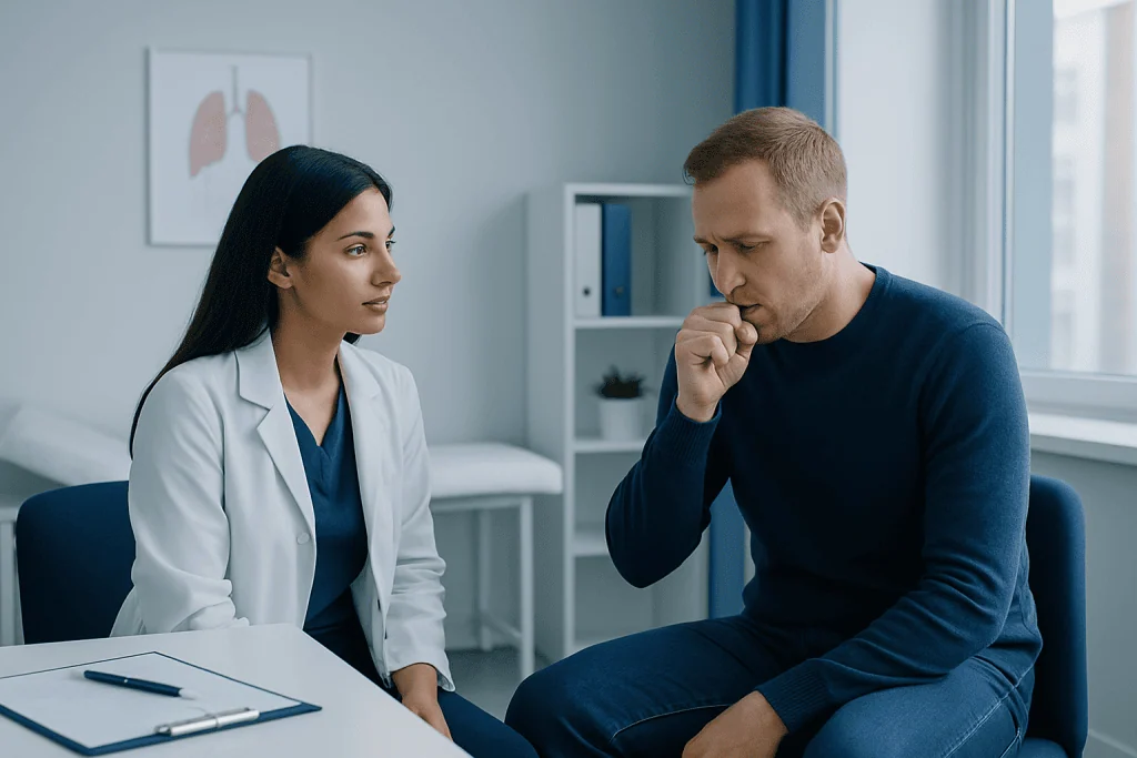 Doctor consulting with patient about cough and chest congestion symptoms.
