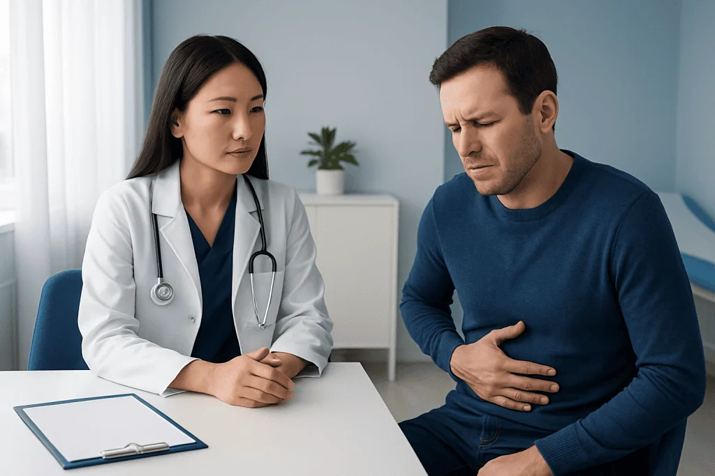 Doctor consulting with a patient experiencing stomach pain in a clinical setting.