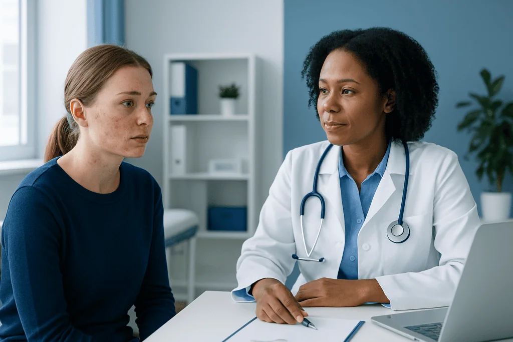 Doctor consulting with a young woman about face rash symptoms.