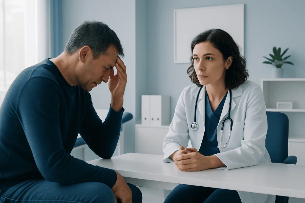 Patient experiencing dizziness consults with doctor in clinic.