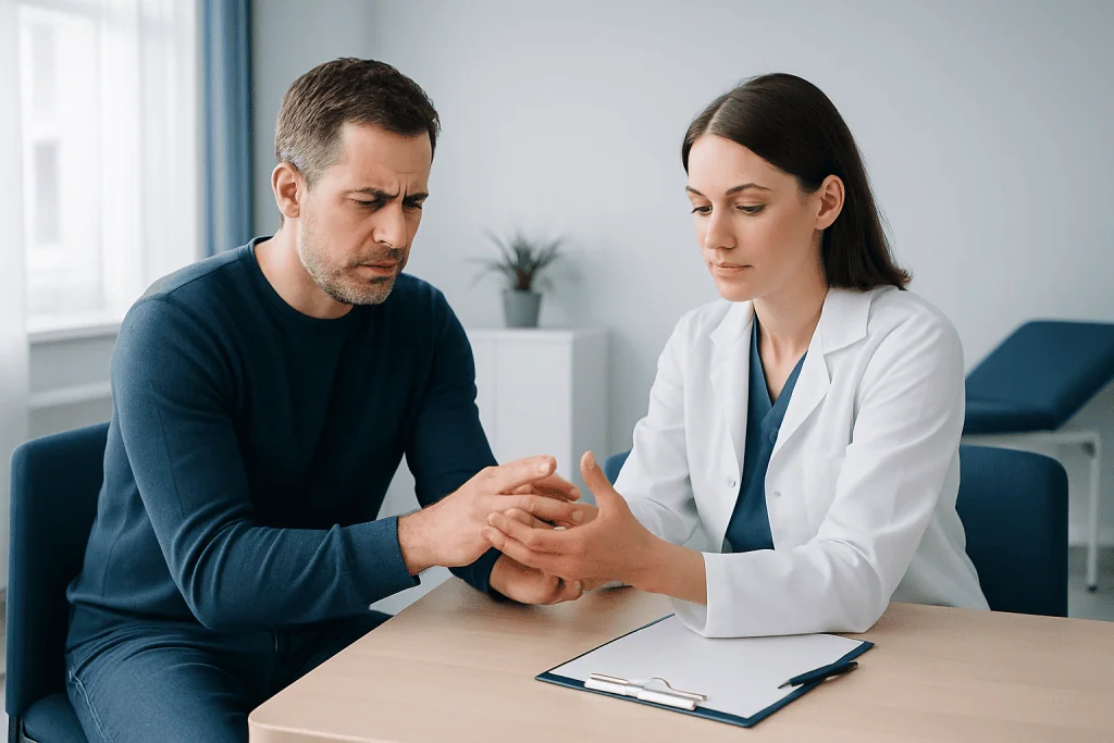 Doctor examining patient's hand for pain or injury.
