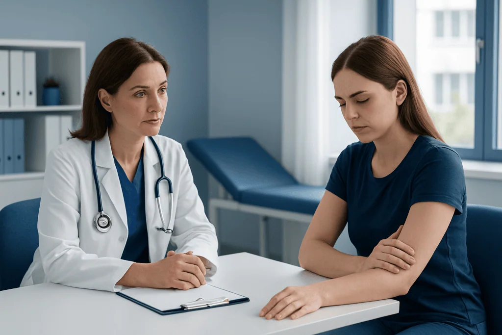 Doctor consulting with a young woman in a medical office setting.