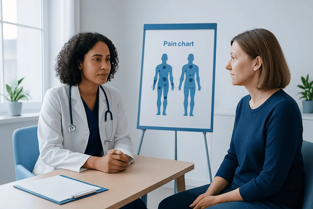 Doctor explaining pain chart to patient in consultation room.