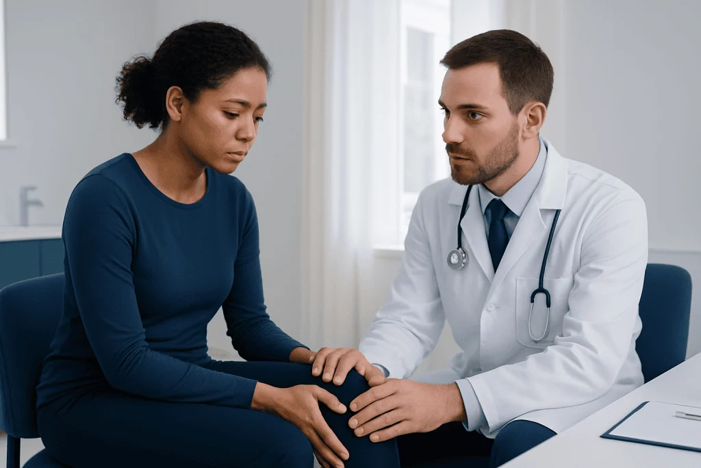Doctor examining patient's knee for pain or injury.