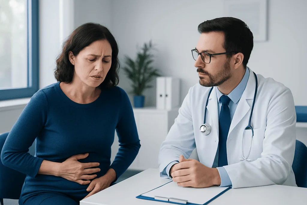 Doctor consulting with woman experiencing stomach pain and nausea.