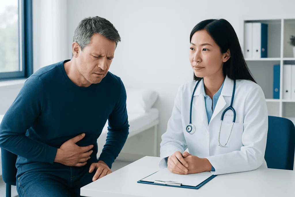 Patient experiencing stomach pain during consultation at Acibadem Hospital.