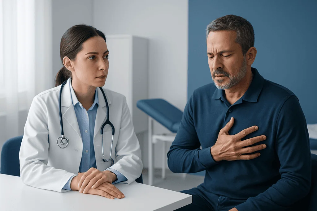 Doctor consulting with a patient experiencing chest pain in a medical office.
