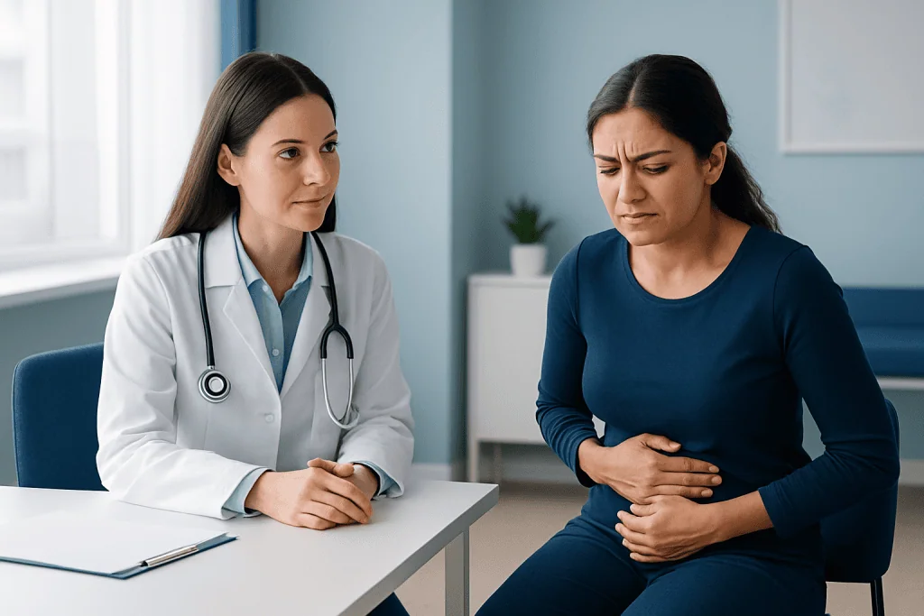 Doctor consulting a woman with stomach pain in a medical office.