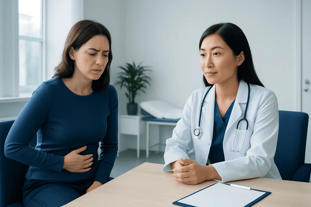 Woman experiencing abdominal pain consulting a doctor in a clinic.
