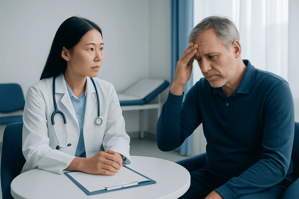 Doctor consulting with a patient experiencing dizziness or headache symptoms.