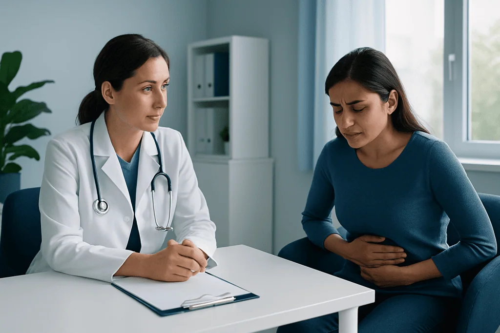 Doctor consulting with a patient experiencing stomach pain in a clinic setting.