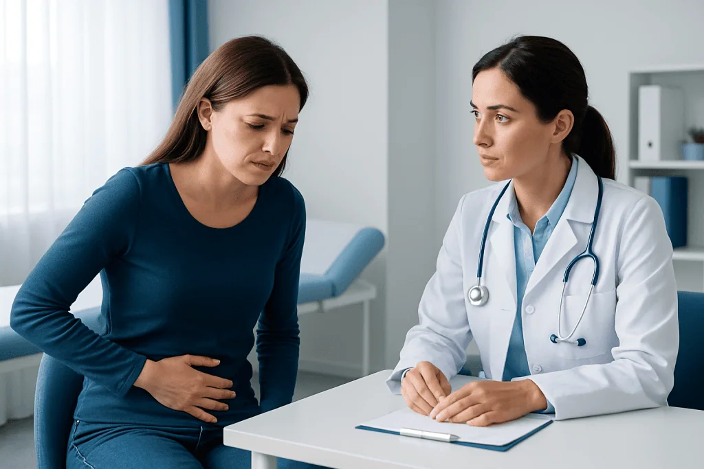 Female patient experiencing pelvic pain during consultation with doctor.