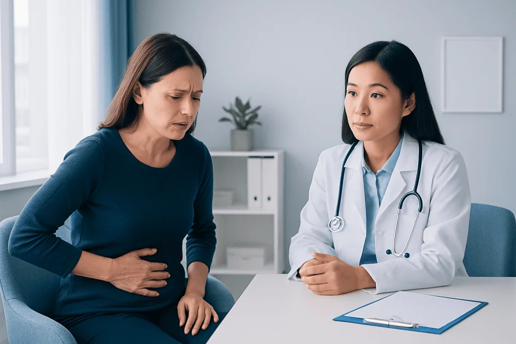 Doctor consulting with a woman experiencing abdominal pain in a clinic setting.