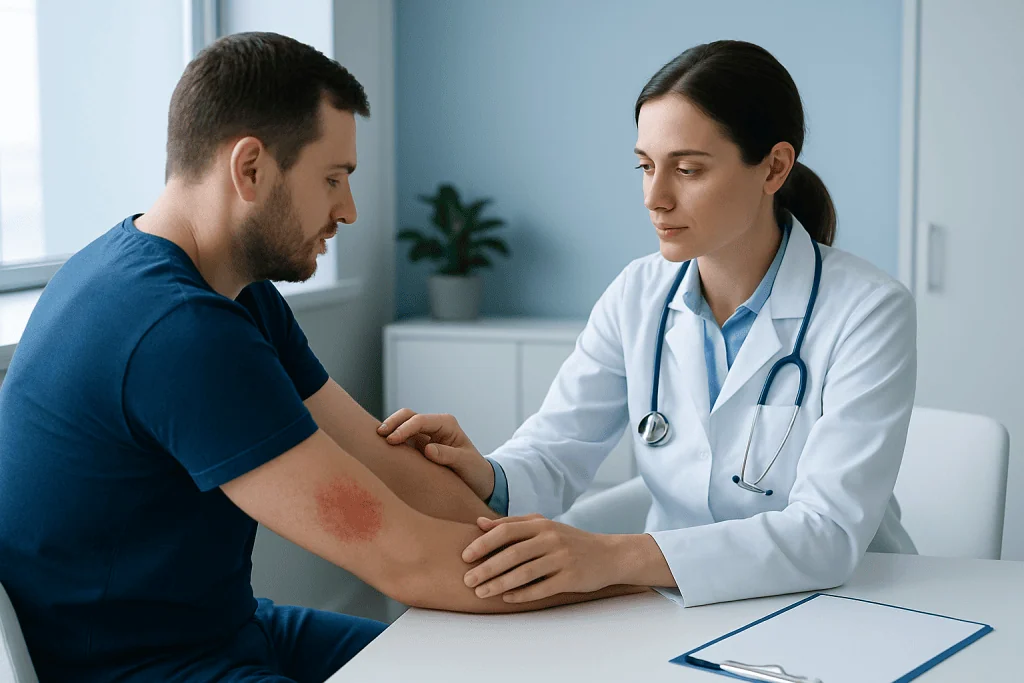 Doctor examining patient's arm with skin rash in clinic setting.