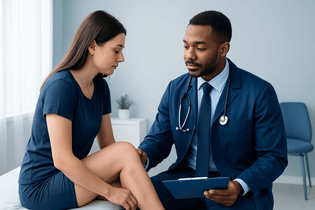 Doctor examining patient's knee for rash or skin issues.