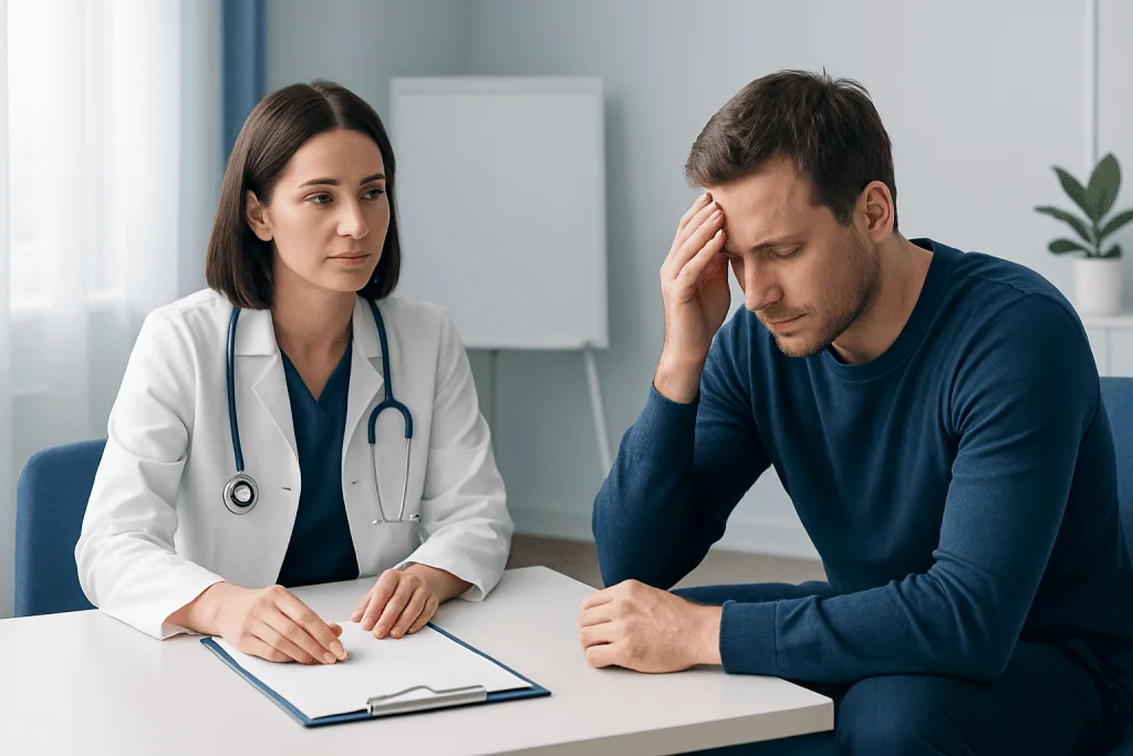 Doctor consulting with a patient experiencing headache or stress.