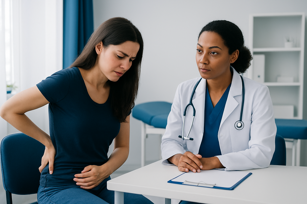 Woman with abdominal pain consulting a doctor in a clinic.