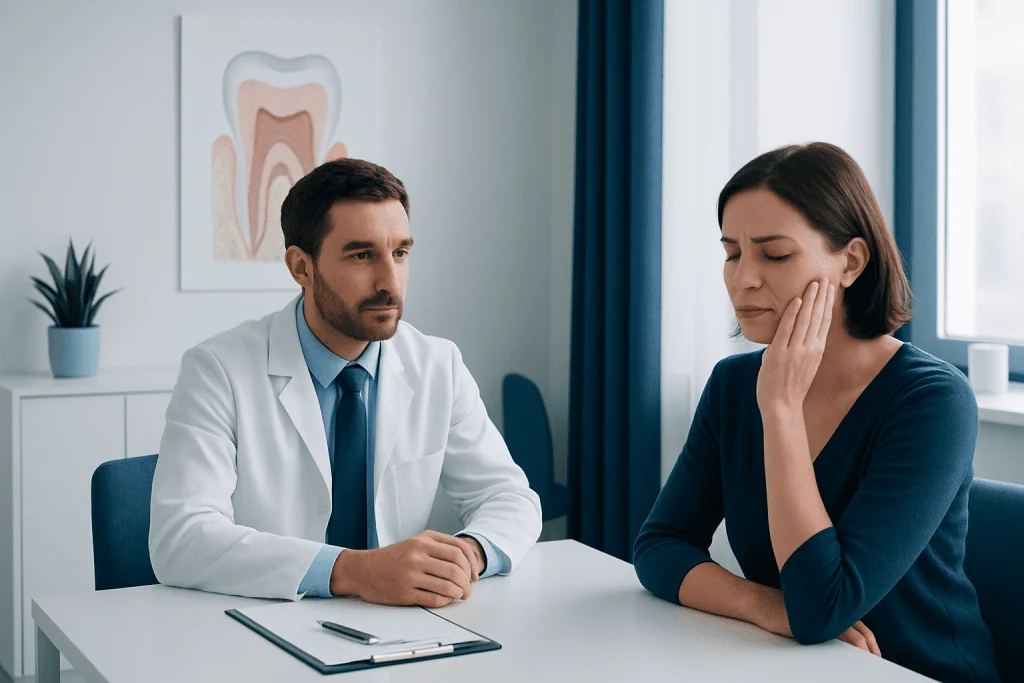 Dentist consulting with a woman patient about tooth pain.