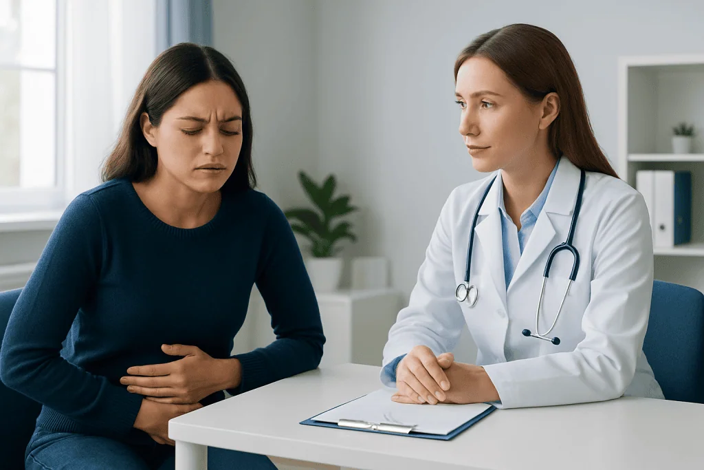 Woman experiencing stomach pain during medical consultation at Acibadem Hospital.