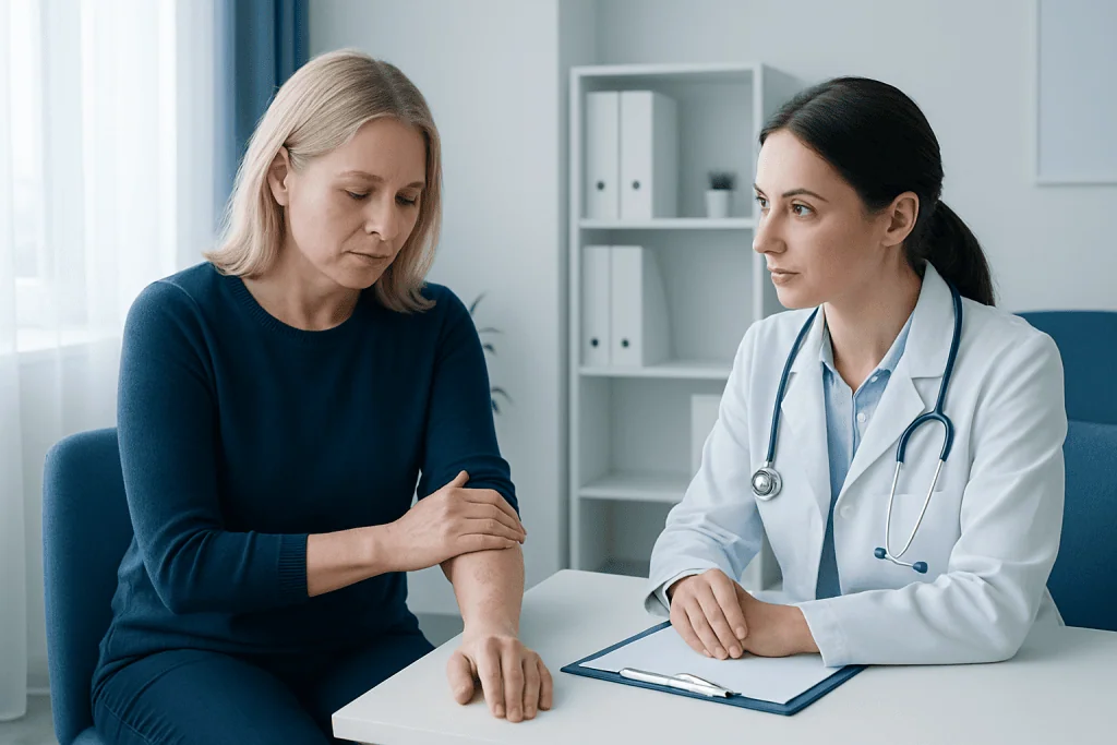 Doctor examining patient's skin for allergic reactions at Acibadem Hospital.
