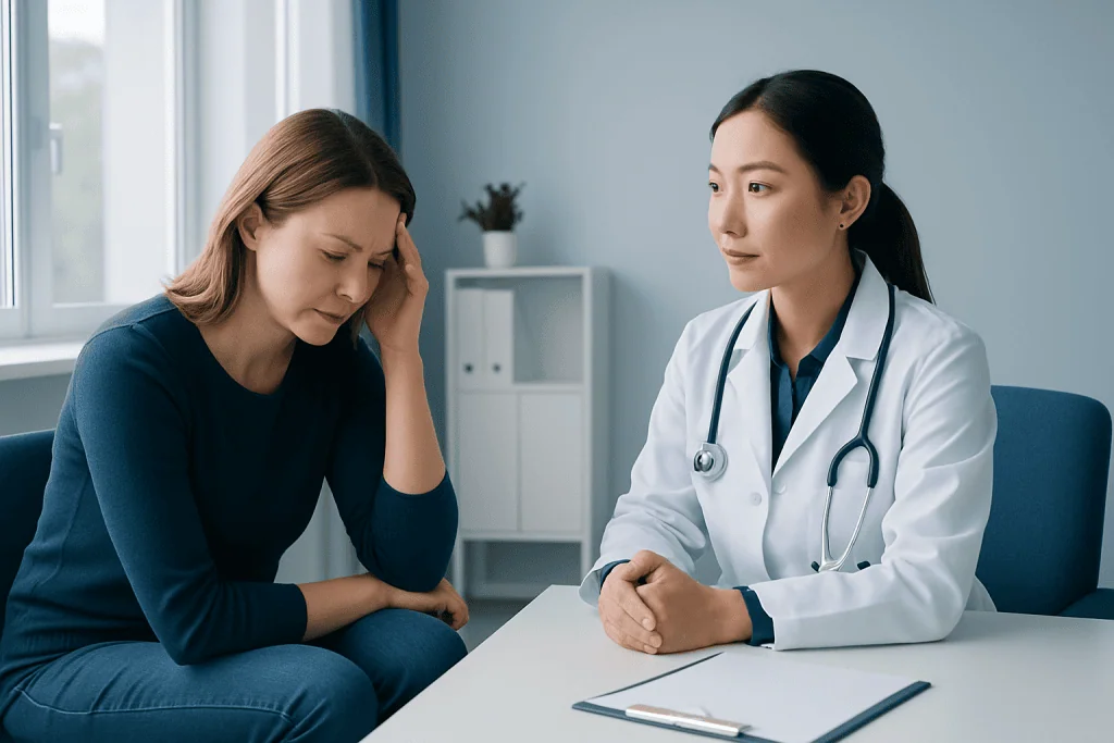 Doctor consulting with a woman patient experiencing headache symptoms.