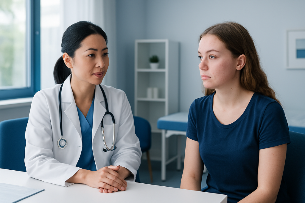 Doctor consulting with a young female patient in a medical office.