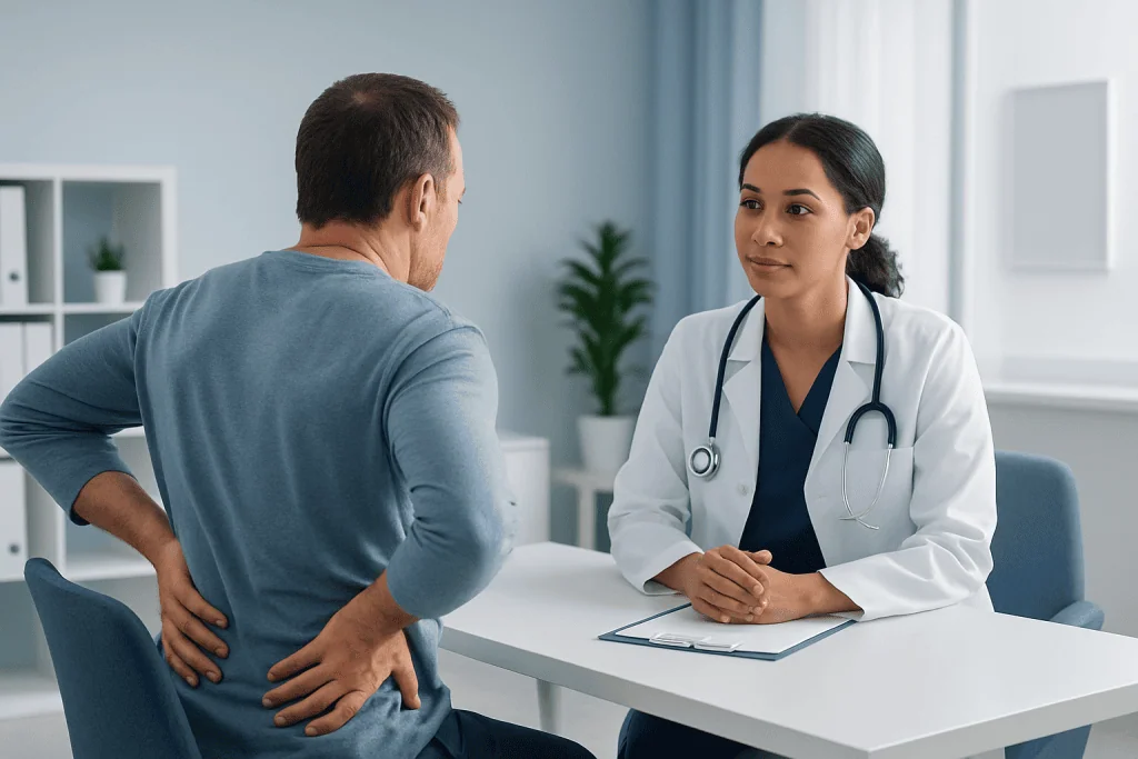 Doctor consulting middle back pain patient in clinic setting.