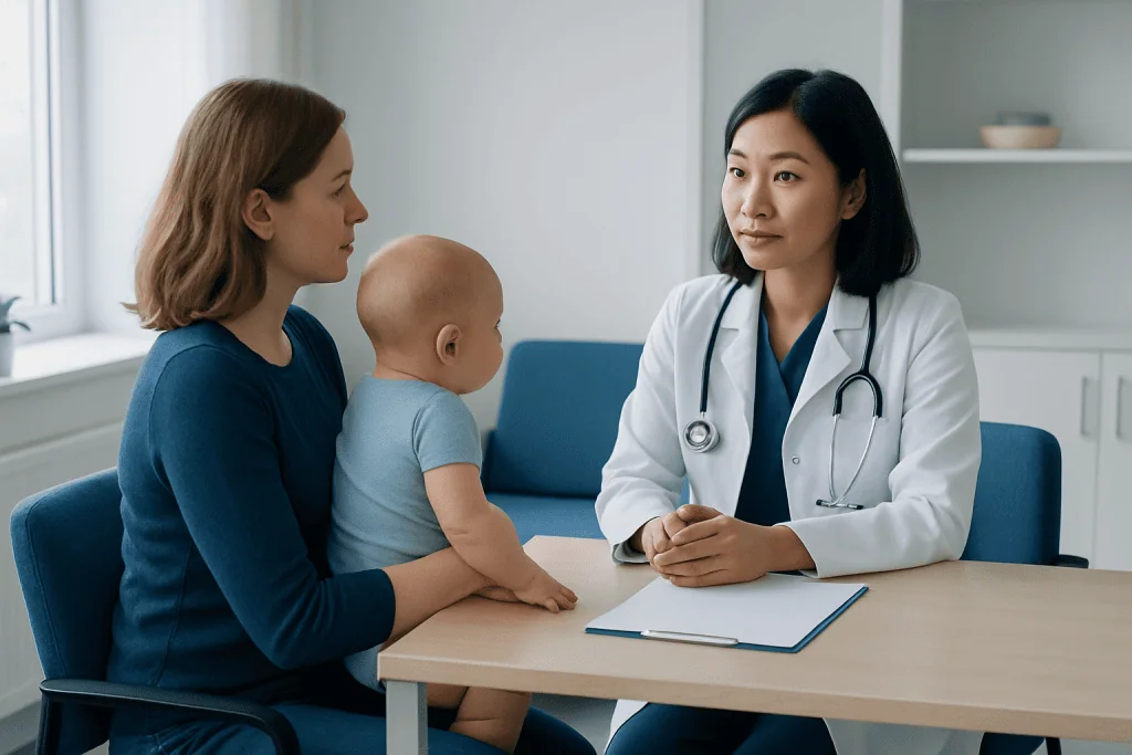 Pediatric consultation at Acibadem Hospital with doctor and mother with child.