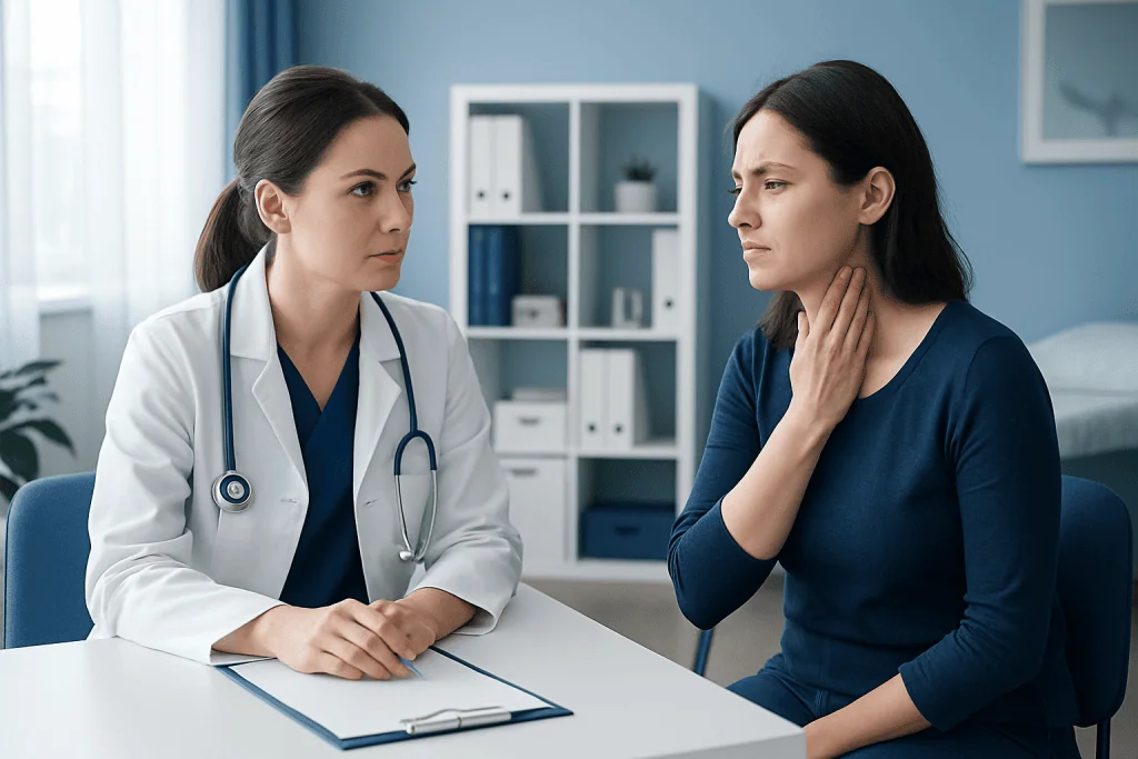 Doctor consulting with a patient about swollen tonsils in a medical office.