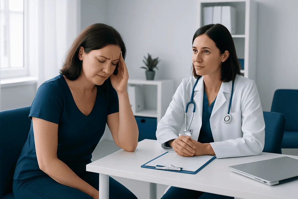 Woman experiencing headache consulting with doctor in clinic.
