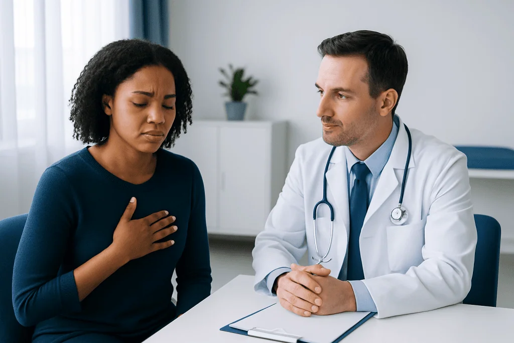 Doctor consulting with a woman experiencing chest discomfort about heartburn.