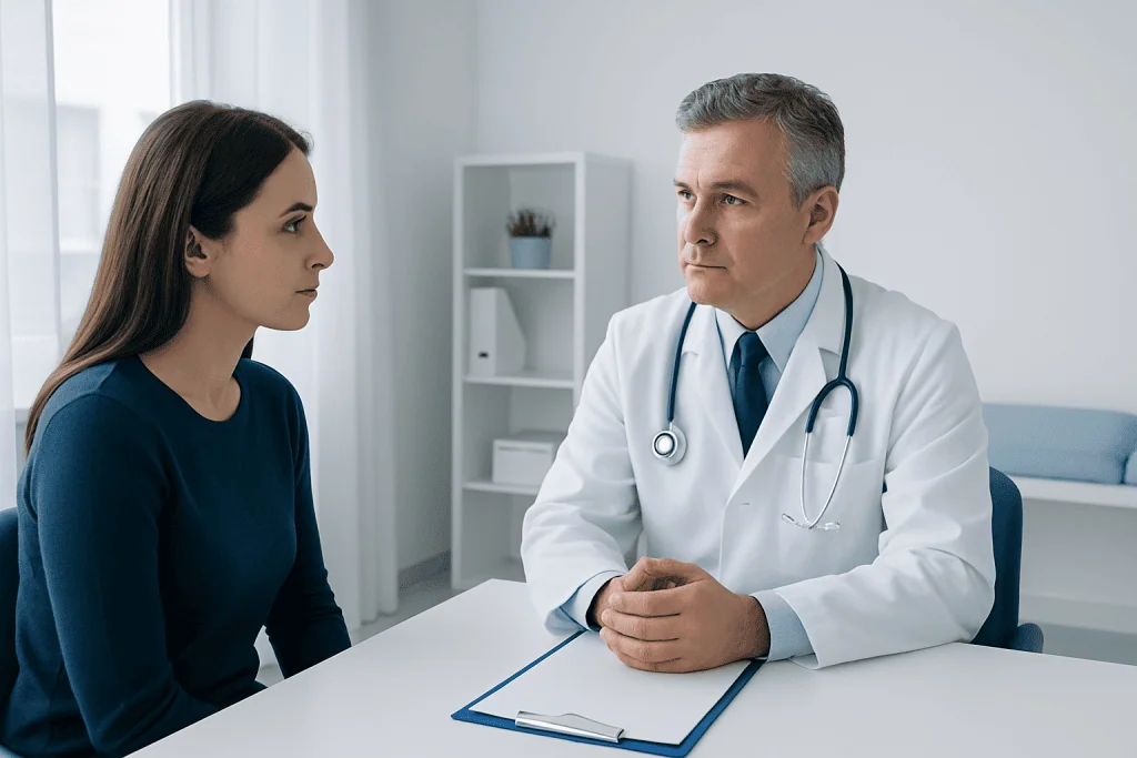 Doctor consulting with a young woman in a medical office.