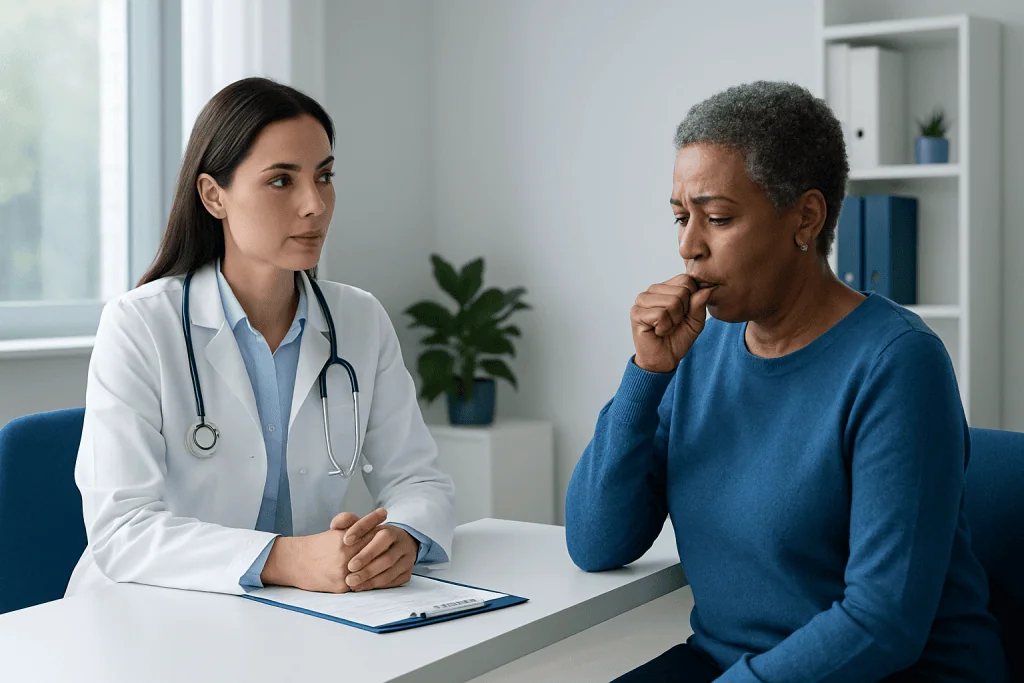 Doctor consulting with a patient about cough symptoms in a clinical setting.
