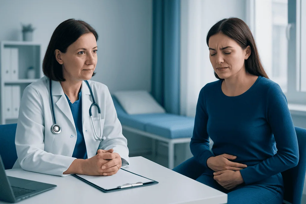 Doctor consulting with a woman patient about ovarian torsion symptoms.