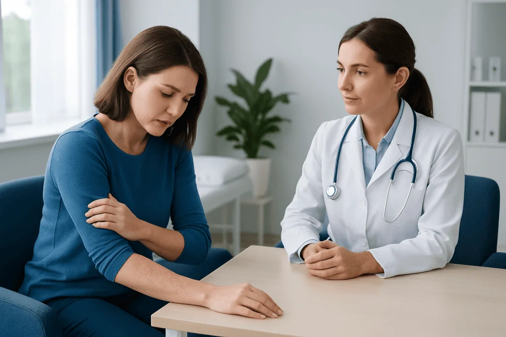 Doctor examining patient's skin for allergic reaction in clinic setting.