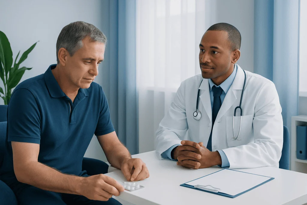 Doctor consulting with middle-aged male patient in a medical office.