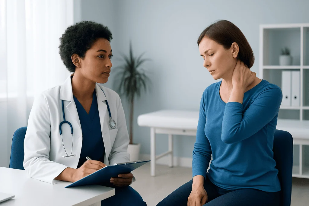 Doctor consulting with a woman patient about neck pain in a clinic setting.