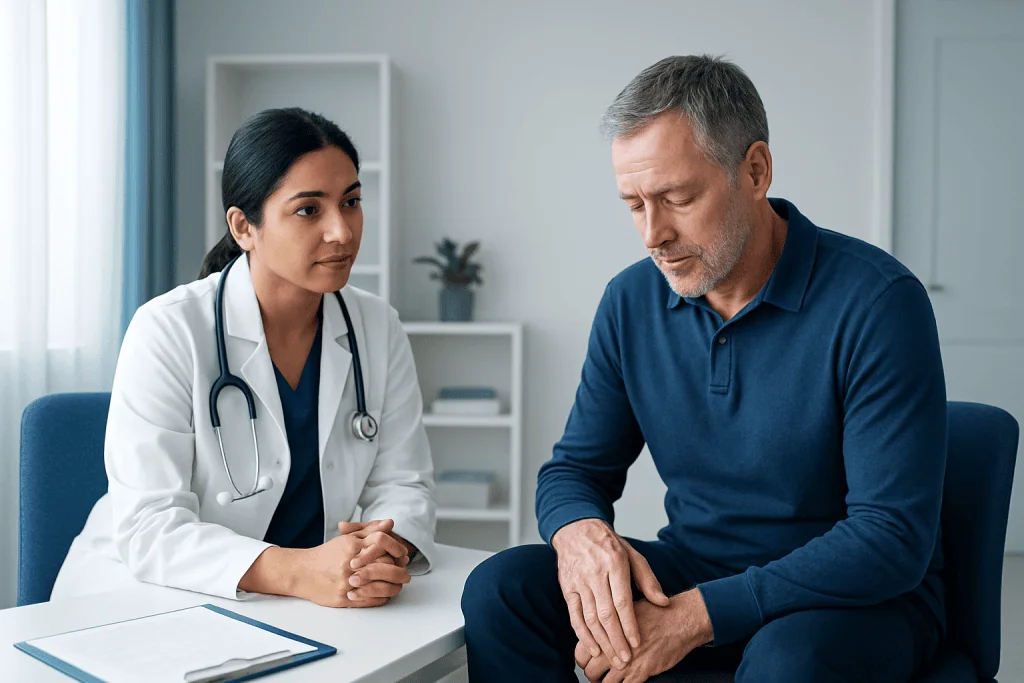 Doctor consulting with a patient about joint pain in a clinical setting.