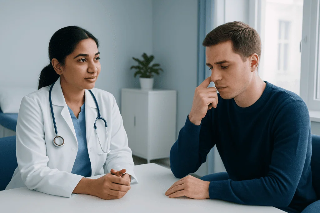 Doctor consulting with a patient about health concerns in a medical office.